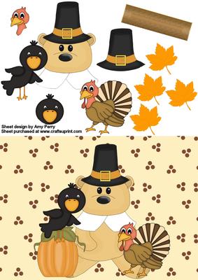 Cute Harvest Bear with Turkey and Blackbird
