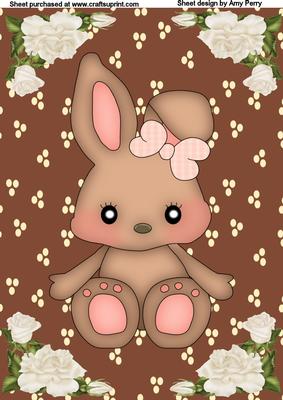 Cute Brown Bunny with White Rose Corners