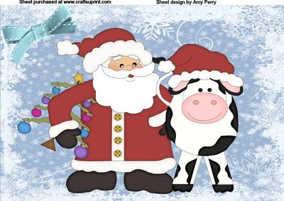 Santa and His Cow on Blue Backing Paper