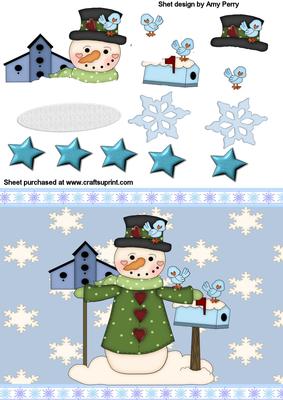 Blue Christmas Snowman with a Bird House