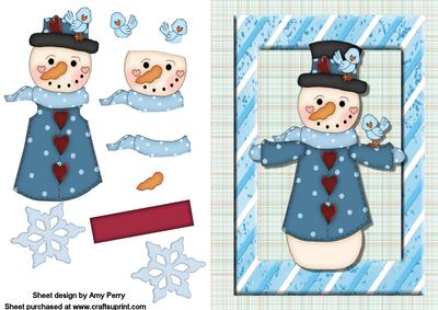 Blue Christmas Snowman with Two Little Blue Birds