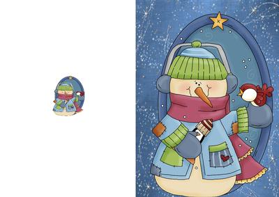 Cute Christmas Snowman in Oval Frame with Red Bird