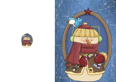 Cute Christmas Snowman in Oval Frame with Little Blue Bird