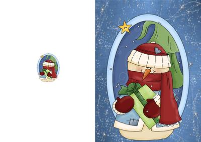Cute Christmas Snowman in Oval Frame with a Green Gift