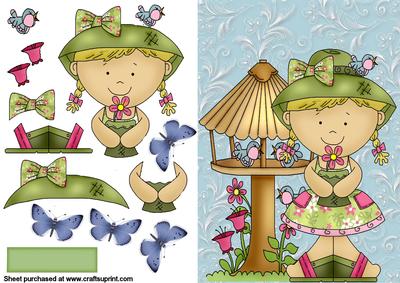 Cute Spring Girl with Little Bird House & Birds