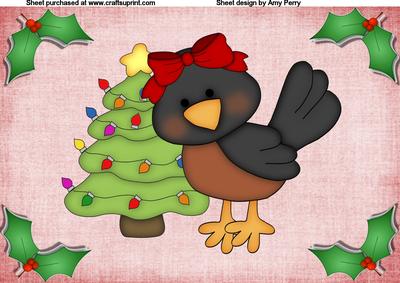 Christmas Female Robin with Christmas Tree