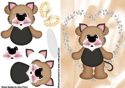 Cute Cat Bear on Beige Satin Paper