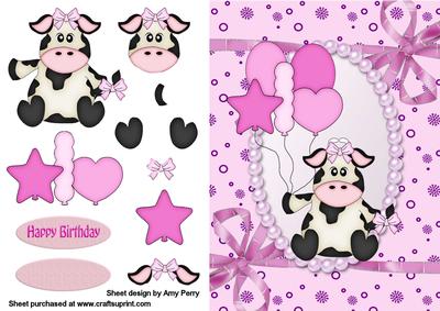 Cute Pink Birthday Cow with Balloons