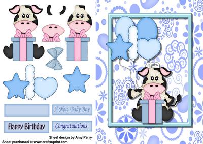 Cow with Balloons & Presents Blue
