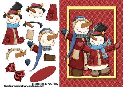 Two Dark Red Snowmen in Gold Frame
