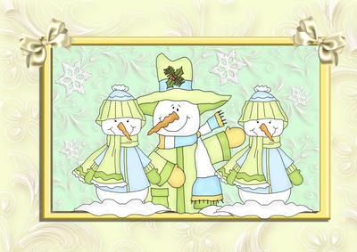 3 Green & Blue Snowmen A4 3D Effect