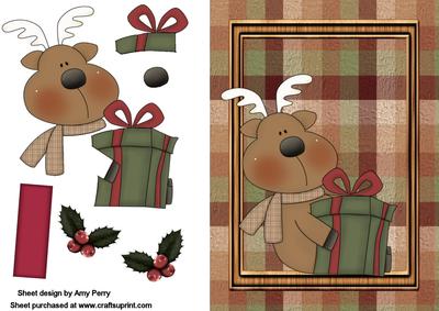 Cute Christmas Reindeer in Wooden Frame with Present