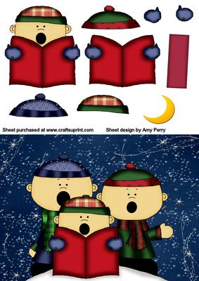 3 Christmas Children Singing on Blue Starry Night