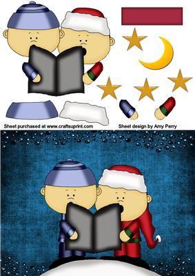 Two Christmas Singers on Dark Blue Backing Paper