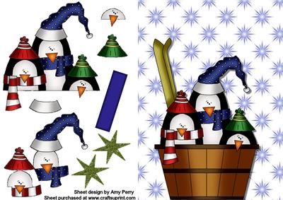 3 Christmas Penguins in a Barrel