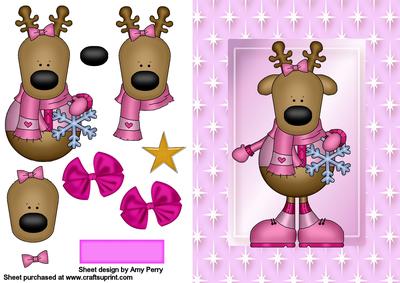 Pink Christmas Reindeer in Starry Frame