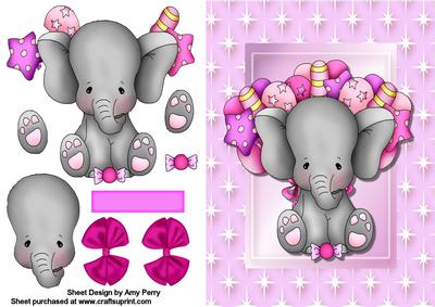 Birthday Elephant in Pink Frame with Balloons