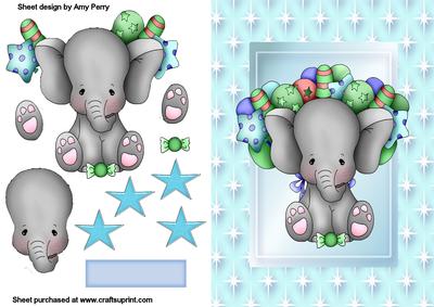 Birthday Elephant in Blue Frame with Balloons