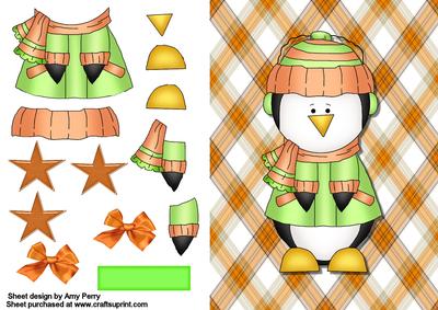 Cute Green & Orange Penguin on Pretty Backing Paper