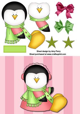Cute Pink & Green Penguin on Pink Stripe Paper