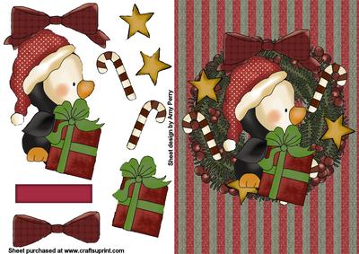 Christmas Penguin in Holly Wreath