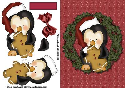 Christmas Penguin & Gingerbread Man in Holly Wreath