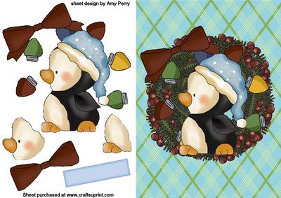Christmas Penguin in Holly Wreath with Lights
