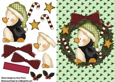 Christmas Penguin with Green Hat in Wreath with Stars