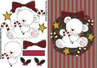 Cute Christmas Polar Bear in Holly Wreath with Stars
