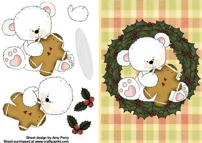 Christmas Polar Bear in a Holly Wreath with a Gingerbear Man