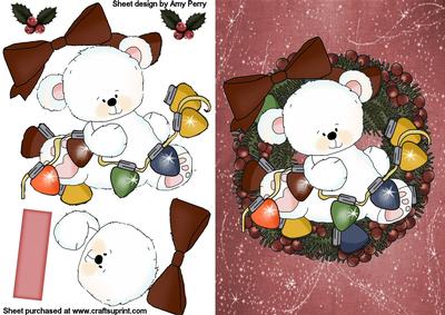 Christmas Polar Bear in Holly Wreath with Lights