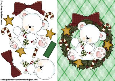Christmas Polar Bear in Holly Wreath with Stars