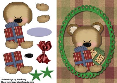Christmas Bear with Presents in Green Frame
