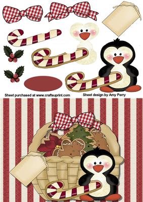 Cute Penguin in Basket with Red & White Check Bow