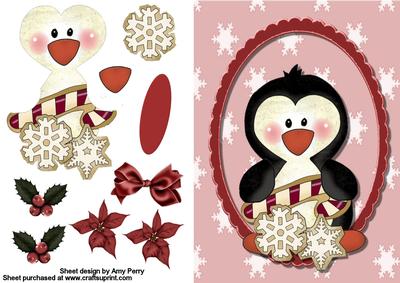 Cute Penguin with Snowflake Cookies in Red Oval Frame