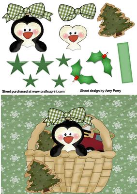 Cute Penguin in Basket with Green & White Bow