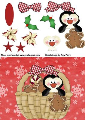 Cute Penguin in Basket with Gingerbread Man