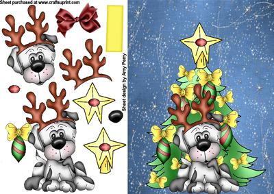 Christmas Dog with Christmas Tree on Blue Sparkle