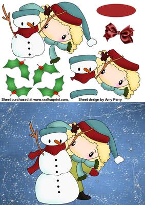 Little Girl & Snowman on Blue Sparkle Backing Paper