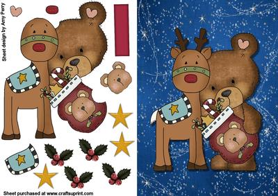 Cute Christmas Bear with Reindeer on a Starry Night
