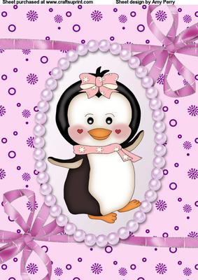 Cute Girl Penguin in Pink Frame with Corner Bows