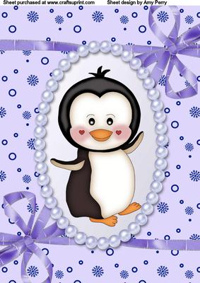 Cute Boy Penguin in Blue Frame with Bow Corners