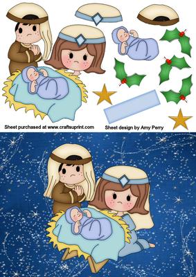Mary, Joseph & Baby Jesus on Blue Sparkle Paper