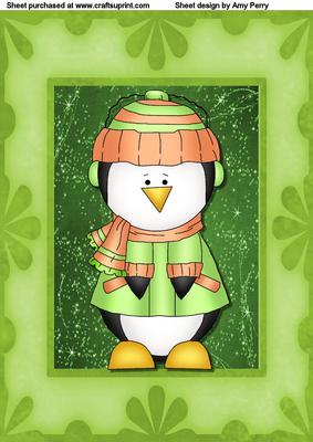 Cute Penguin in Green Frame with Green Twinkle Paper