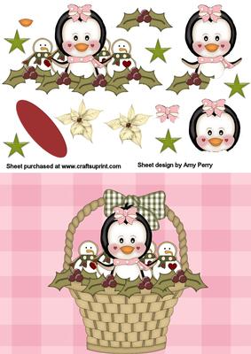 Cute Girl Penguin in Basket on Pink Paper