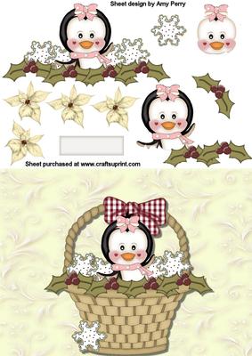 Cute Girl Penguin in Basket with Snowflakes