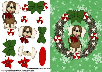 Cute Brown & Cream Dog in Holly Wreath