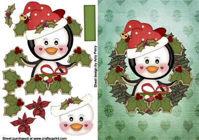 Cute Penguin in Holly Wreath with Matching Flowers