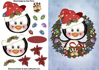 Cute Penguin in Holly Wreath with Christmas Lights