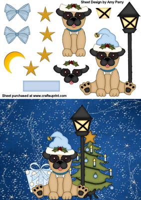 Cute Christmas Dog with Presents, Lamp & Tree